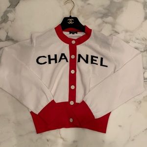 CHANEL White and Red Logo Button-Front Cardigan